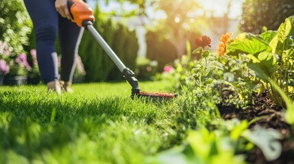 Close-Up of Lawn Edging with a String Trimmer