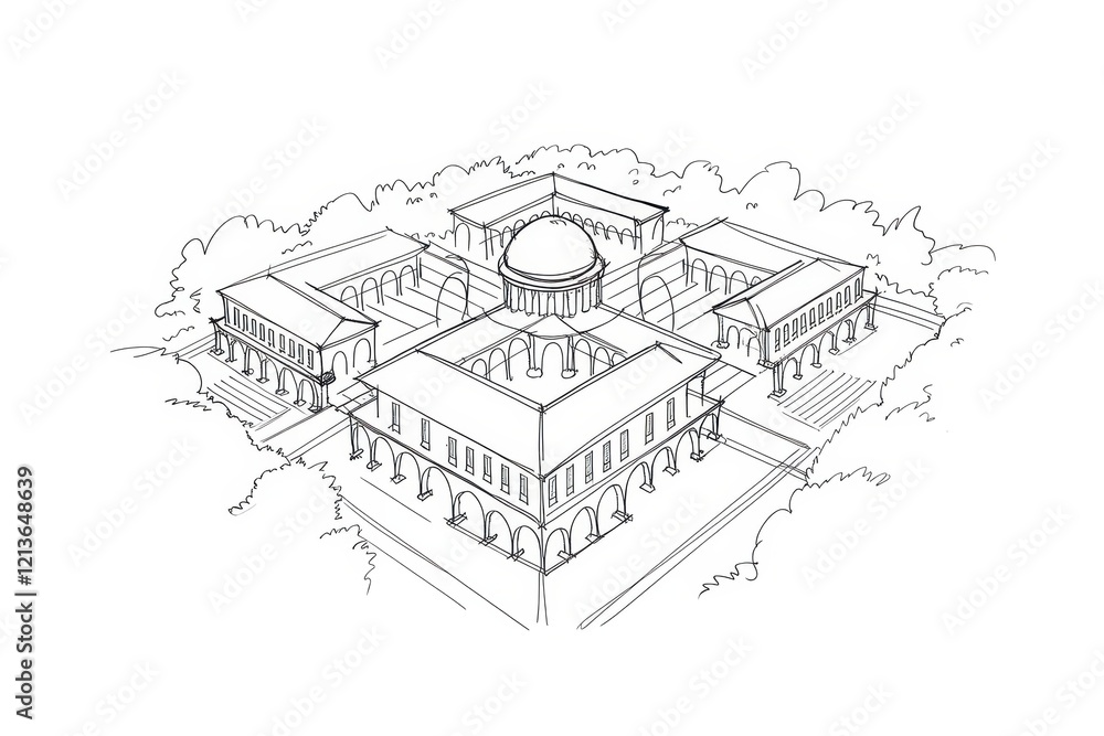 Poster architectural sketch of a classical style building complex