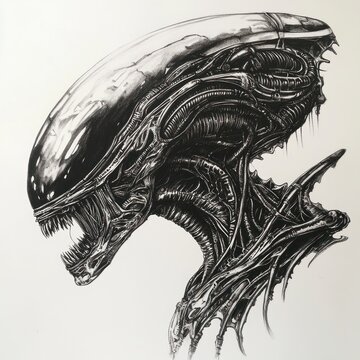 Xenomorph head ink drawing, white background, sci-fi art, poster print