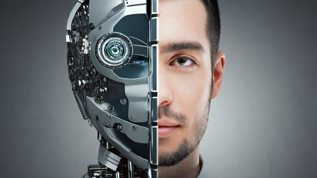 Close up of man face and robot head. Artificial intelligence concept. 3D Rendering