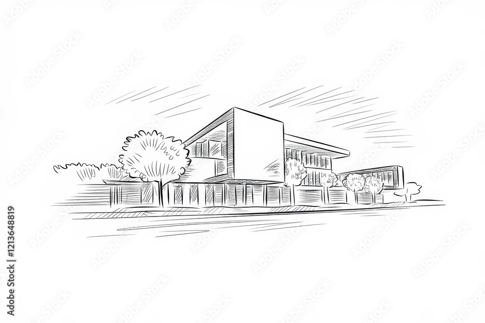 Poster modern building sketch with trees and landscaping design