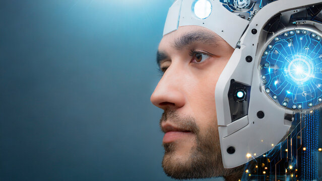 Close up of man face and robot head. Artificial intelligence concept. 3D Rendering