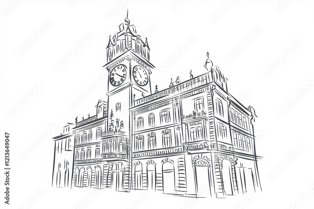 Poster sketch of a grand building with a clock tower