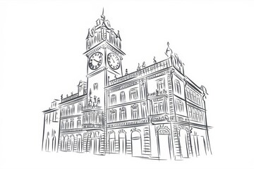 Sketch of a grand building with a clock tower