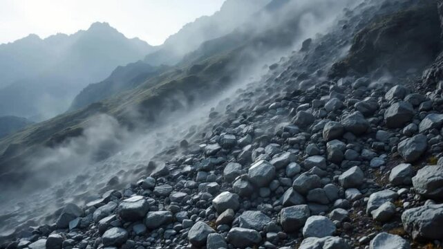 Misty mountain rockslide; scenic background