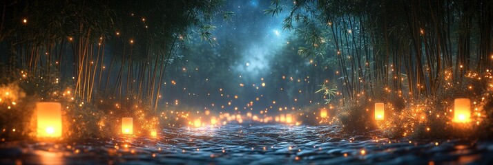 Fototapeta premium Enchanted Bamboo Forest Path at Night: A Serene Digital Painting