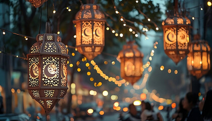 Ramadhan lanterns illuminating the street with warm lights.