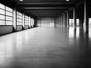 Empty clean warehouse with large windows and polished floor