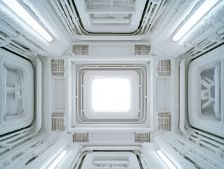 Obraz premium low angle view of modern warehouse ceiling with frost and light