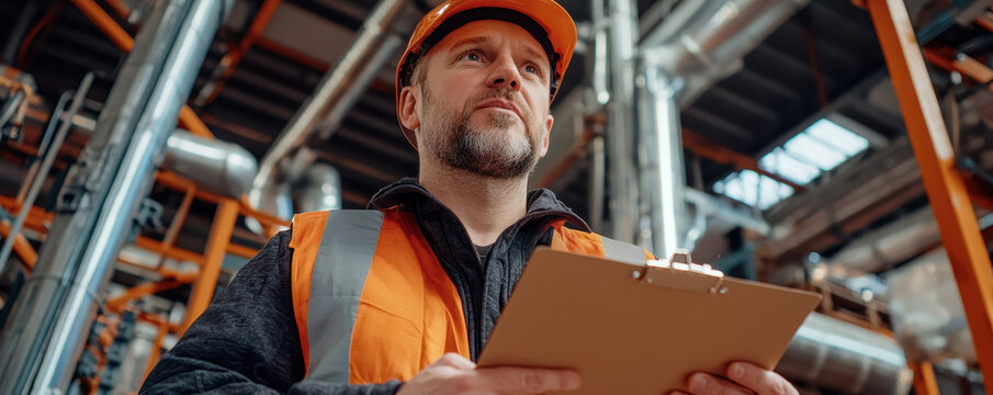 Warehouse manager observing operations with clipboard in industrial setting
