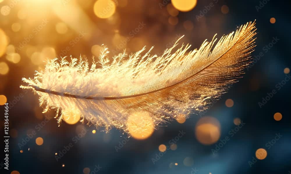Wall mural a delicate feather illuminated by warm light, surrounded by soft bokeh effects.