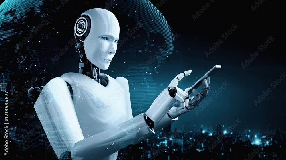 Poster robot hominoid use mobile phone or tablet for global network connection using ai thinking brain , ar