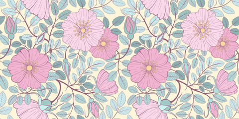 Rose hip flower seamless pattern.  Vintage floral illustration. Wilde roses