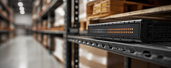 Advanced RFID technology on warehouse shelf, enhancing inventory management