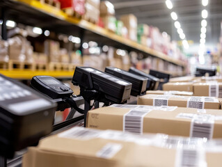 Close up of barcode scanners on packages in warehouse setting