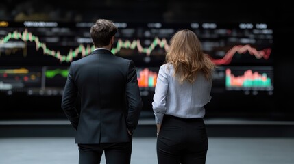 Corporate synergy: business duo in front of dynamic screen with colorful digital chart, showcasing stock market fluctuations, financial forecasting, economic growth, and strategic in modern business .