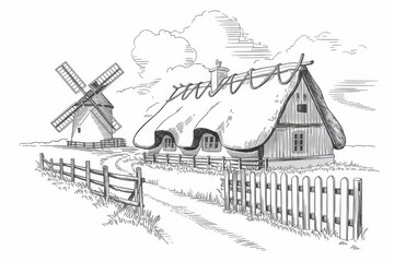 Fototapeta premium Rural Farmhouse with Windmill and Wooden Fences