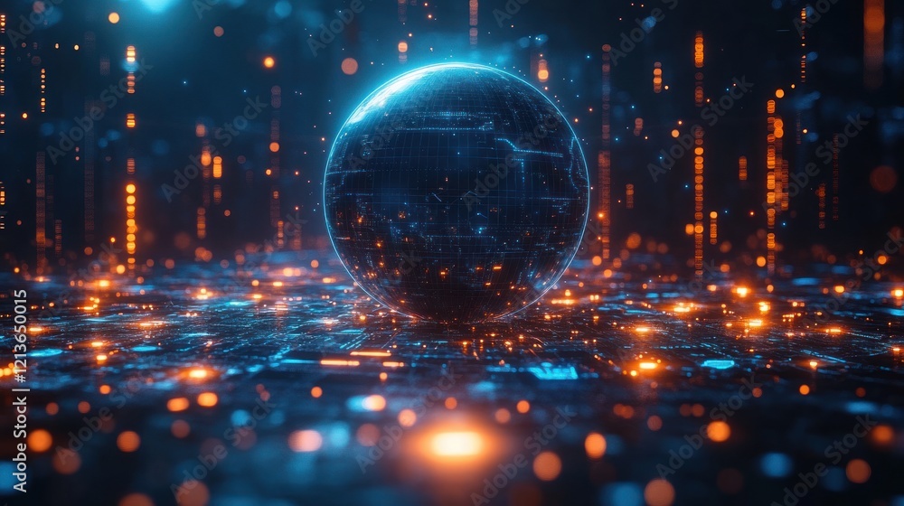Poster futuristic digital globe with global network connections and interconnected lines in cyberpunk style