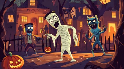Halloween themed party with cartoon mummy werewolf and zombie having fun with spooky entertainment in the background