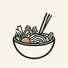 Bowl of noodles with vegetables and chopsticks on plain background for food or asian cuisine use