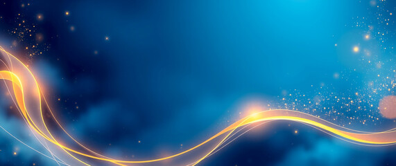 Abstract Curved  Gold and Blue Shape with Lighting Effect &ndash; Luxury Design on blue Background with Copy Space