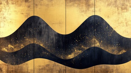 Contemporary artistic Japanese style ukiyoe with black mountain curves on a gold background, folding screen atmosphere, abstract, elegant, delicate, luxurious, retro dramatic graphic design elements.