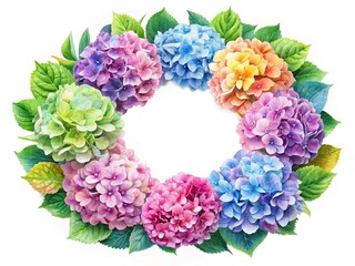 Fototapeta premium Vibrant watercolor hydrangea wreath, blank center, perfect for spring/summer crafts. Multicolor petals on white.