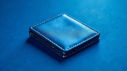 Elegant blue leather wallet with detailed stitching placed on a textured blue background. Compact and stylish accessory, sophistication and luxury, perfect for finance and lifestyle themes. No lable.