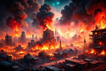 Obraz premium Fiery apocalypse: Explosions rock a city consumed by flames, a bokeh-blurred nightmare.