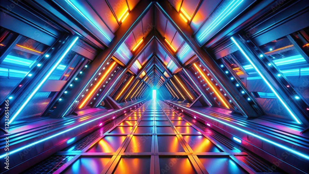 Poster futuristic 3d render: sleek triangular spaceship interior, abstract tunnel background.
