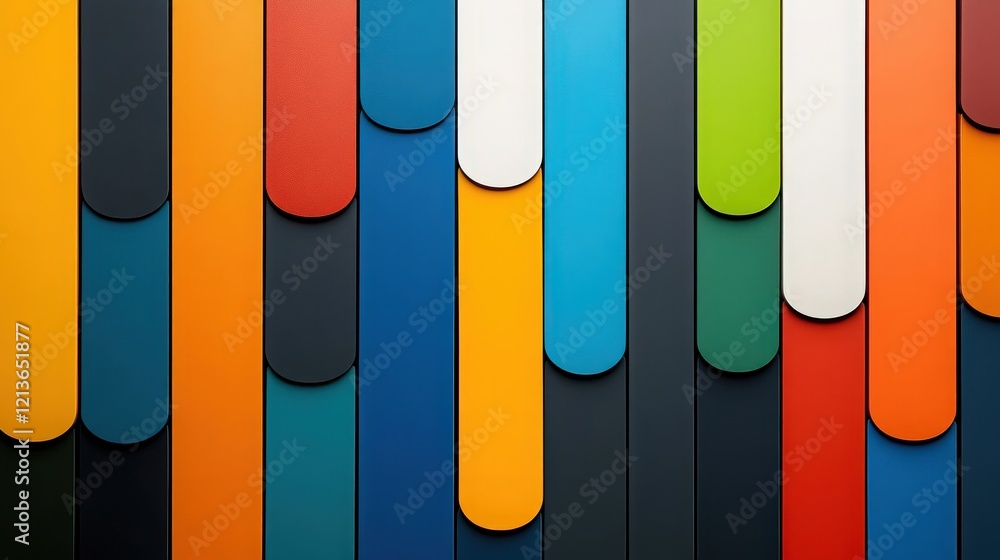 Poster Abstract Geometric Pattern: A vibrant, abstract geometric pattern featuring vertical colorful stripes, some with rounded edges, creating a dynamic and modern design.