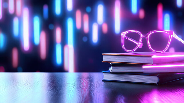 Modern glasses resting on stacked books with vibrant neon lights in background create dynamic educational atmosphere. This symbolizes fusion of technology and learning