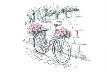 Obraz premium Bicycle adorned with flowers rests by a stone wall