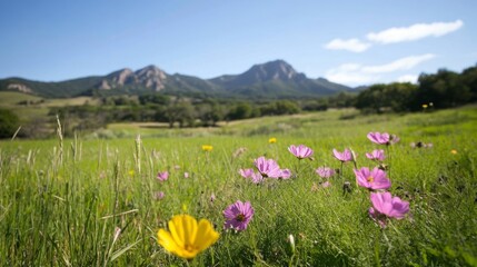 Fototapeta premium Wildflowers bloom in mountain meadow, sunny day, pastoral landscape, ideal for travel brochure