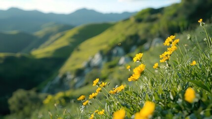 Fototapeta premium A vibrant hillside covered in yellow wildflowers, set against green rolling mountains under a clear sky.