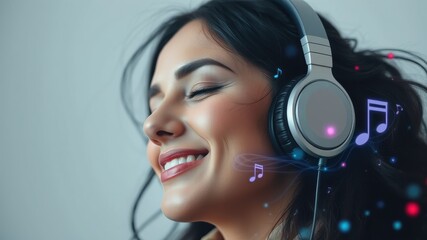 Young woman enjoying music with headphones and a joyful expression, surrounded by colorful notes and vibrant sound waves, illustrating the power of sound in daily life