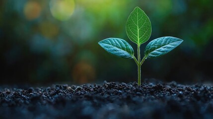 A young seedling sprouts from dark soil in soft light