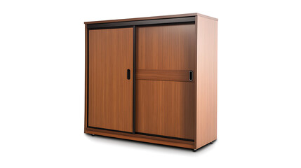 A wooden cabinet with a black handle and a brown door