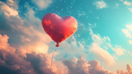 Fototapeta premium Romantic Heart Balloon Floating in Pastel Sky with Clouds and Stars