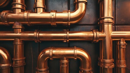 Copper pipes background. Round shaped metal pipes, banner. Products for housing and communal services, construction industry.
