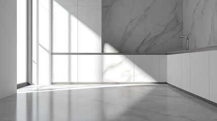 Obraz premium Corner of modern kitchen with white marble walls, concrete floor, gray countertops and white cupboards. 3d rendering