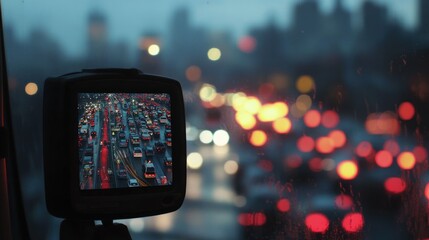 A car dashboard camera displays a congested highway during a rainstorm, while the city skyline and rainy window are out of focus in the background.