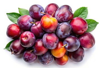 Fototapeta premium Ripe Plums Top View, Isolated White Background, Aerial Photography, Fresh Fruit, Summer Fruit, Plum Photo, Food Photography