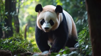 Obraz premium Giant Panda Walking Through Lush Greenery