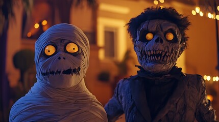 Animated creatures like a mummy werewolf and zombie having a spooky fun time at a thrilling Halloween celebration