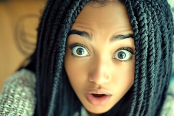Lovely very amazed black girl - for ads, billboard ad and social networks use. Long trim - braids hair. Commercial promotion concept. Black hair glamour. Stylish african hair. African beauty.