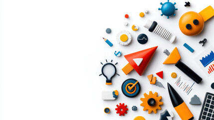 Colorful digital marketing and technology tools arranged creatively. This features various icons and symbols representing analytics, strategy, and innovation, evoking sense of creativity and
