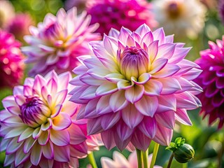 Obraz premium Semi-Cactus Dahlia Blooms: White to Magenta Gradient, Documentary Photography Style