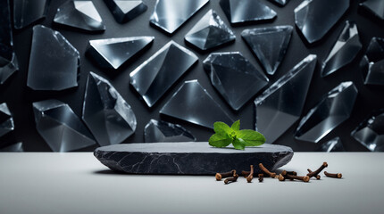 Mint leaves clove and stone display on spa commercial banner with black crystal backdrop for luxury products Beauty Poster Mockup
