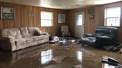 Flooded basement in home after sewer damage, flooded 